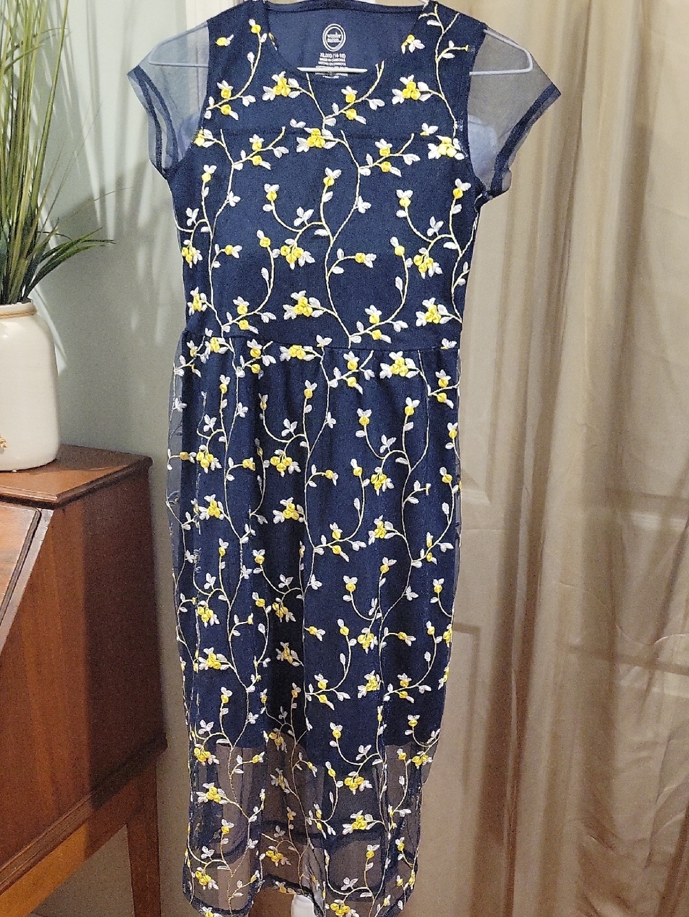 Girls Navy Floral Embroidered Mesh  Dress with Yellow Accents